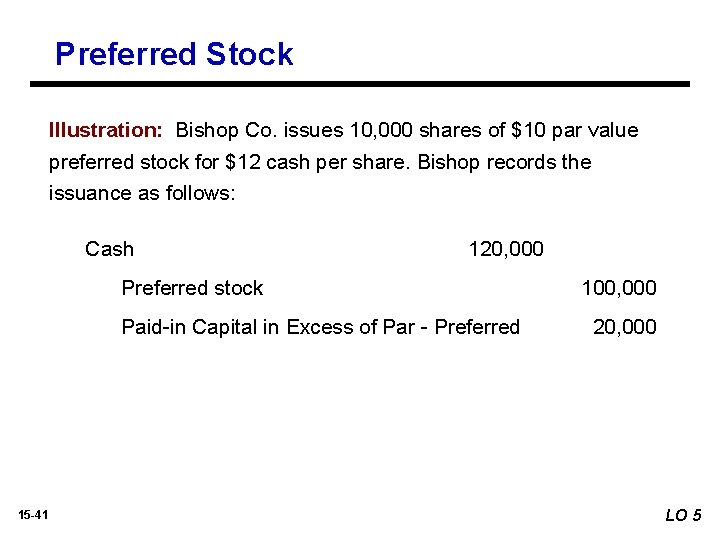 Preferred Stock Illustration: Bishop Co. issues 10, 000 shares of $10 par value preferred