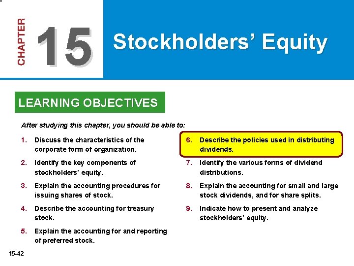 15 Stockholders’ Equity LEARNING OBJECTIVES After studying this chapter, you should be able to: