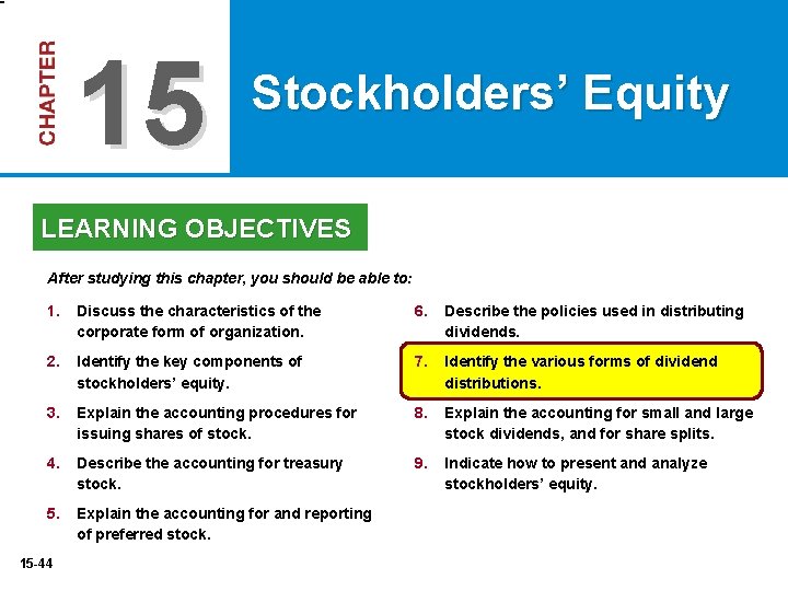 15 Stockholders’ Equity LEARNING OBJECTIVES After studying this chapter, you should be able to: