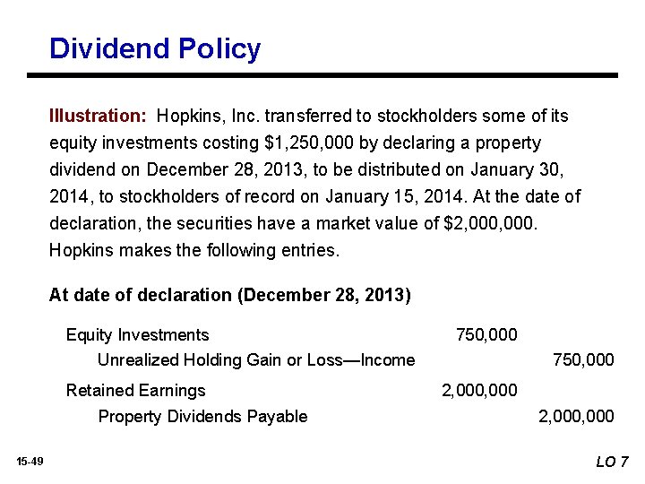 Dividend Policy Illustration: Hopkins, Inc. transferred to stockholders some of its equity investments costing