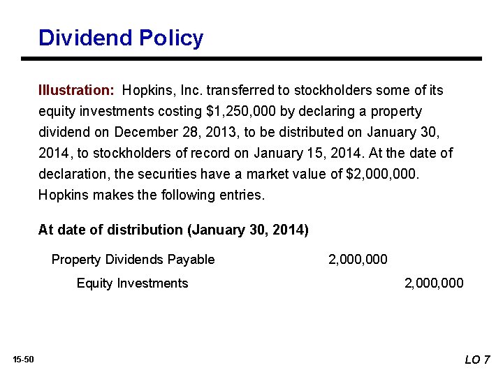 Dividend Policy Illustration: Hopkins, Inc. transferred to stockholders some of its equity investments costing