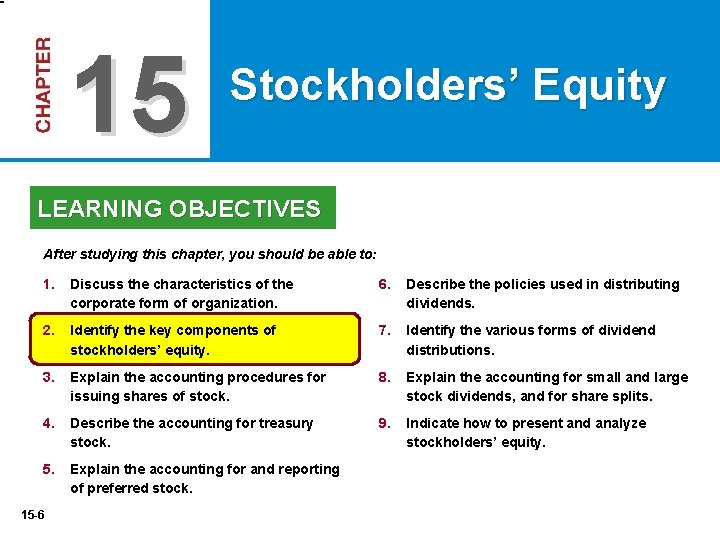 15 Stockholders’ Equity LEARNING OBJECTIVES After studying this chapter, you should be able to: