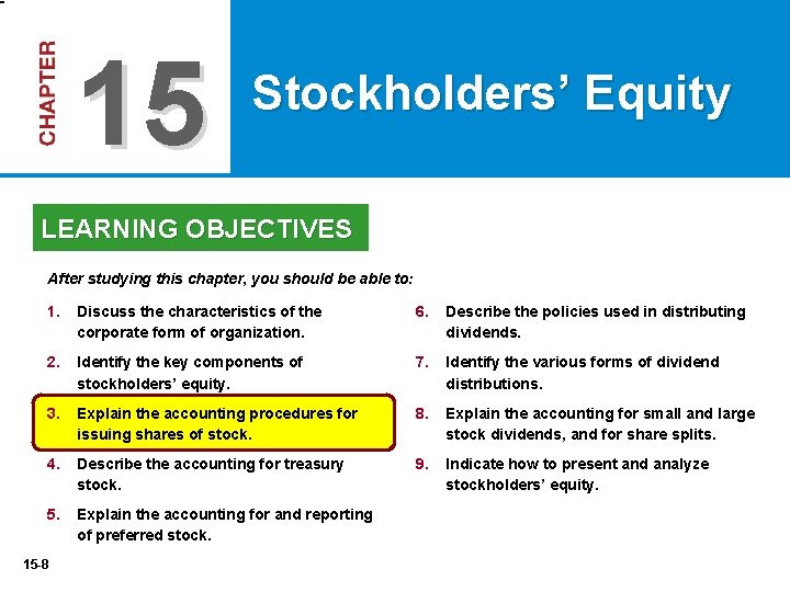 15 Stockholders’ Equity LEARNING OBJECTIVES After studying this chapter, you should be able to: