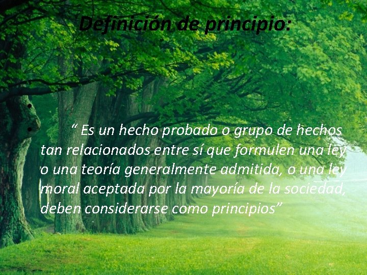 Definición de principio: • • “ Es un hecho probado o grupo de hechos