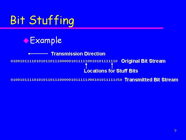 Bit Stuffing u Example Transmission Direction 0100101111010101101110000010111110010101111110 Original Bit Stream Locations for Stuff Bits