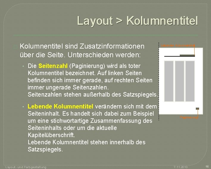 Layout > Kolumnentitel � Kolumnentitel sind Zusatzinformationen über die Seite. Unterschieden werden: Lebender Kolumnentitel