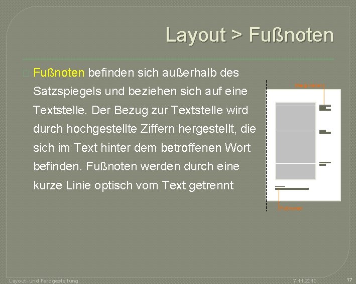 Layout > Fußnoten � Fußnoten befinden sich außerhalb des Satzspiegels und beziehen sich auf