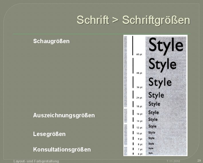 Schrift > Schriftgrößen Schaugrößen Auszeichnungsgrößen Lesegrößen Konsultationsgrößen Layout- und Farbgestaltung 7. 11. 2010 29