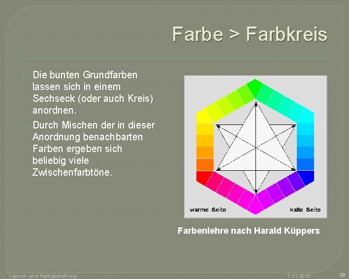 Farbe > Farbkreis � � Die bunten Grundfarben lassen sich in einem Sechseck (oder