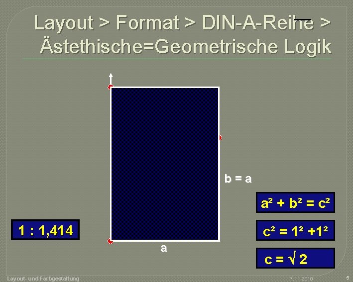 Layout > Format > DIN-A-Reihe > Ästethische=Geometrische Logik b=a c 2 1 : 1,