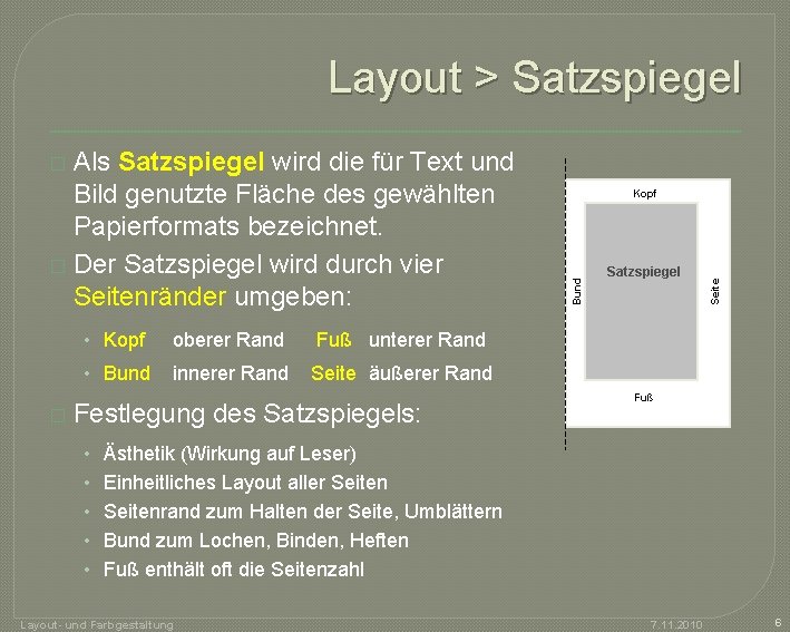 Layout > Satzspiegel Als Satzspiegel wird die für Text und Bild genutzte Fläche des