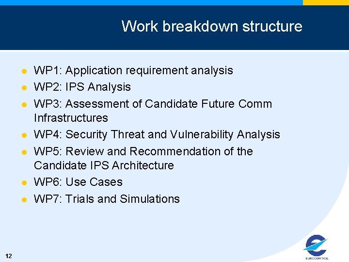 Work breakdown structure l l l l 12 WP 1: Application requirement analysis WP