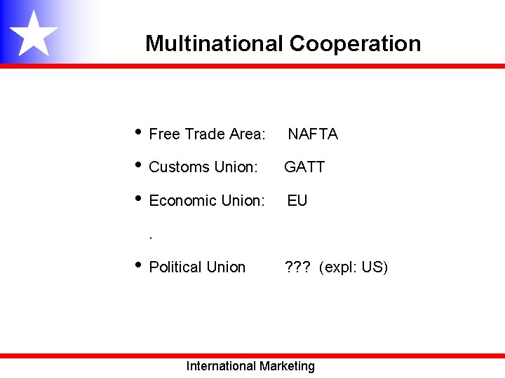 Multinational Cooperation • Free Trade Area: • Customs Union: • Economic Union: NAFTA GATT