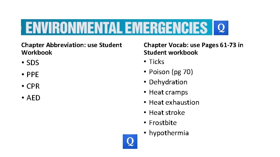 Chapter Abbreviation: use Student Workbook Chapter Vocab: use Pages 61 -73 in Student workbook