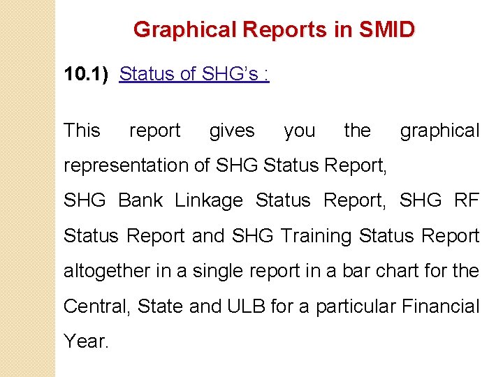 Graphical Reports in SMID 10. 1) Status of SHG’s : This report gives you