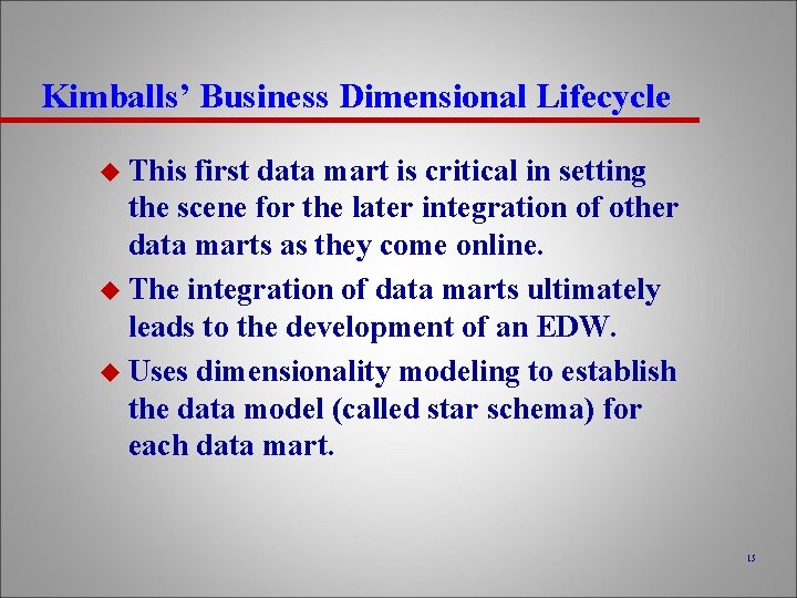 Kimballs’ Business Dimensional Lifecycle u This first data mart is critical in setting the