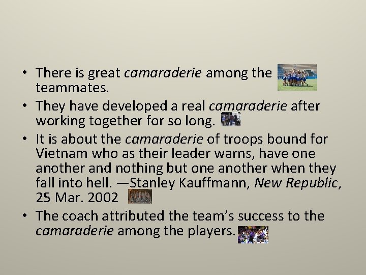  • There is great camaraderie among the teammates. • They have developed a