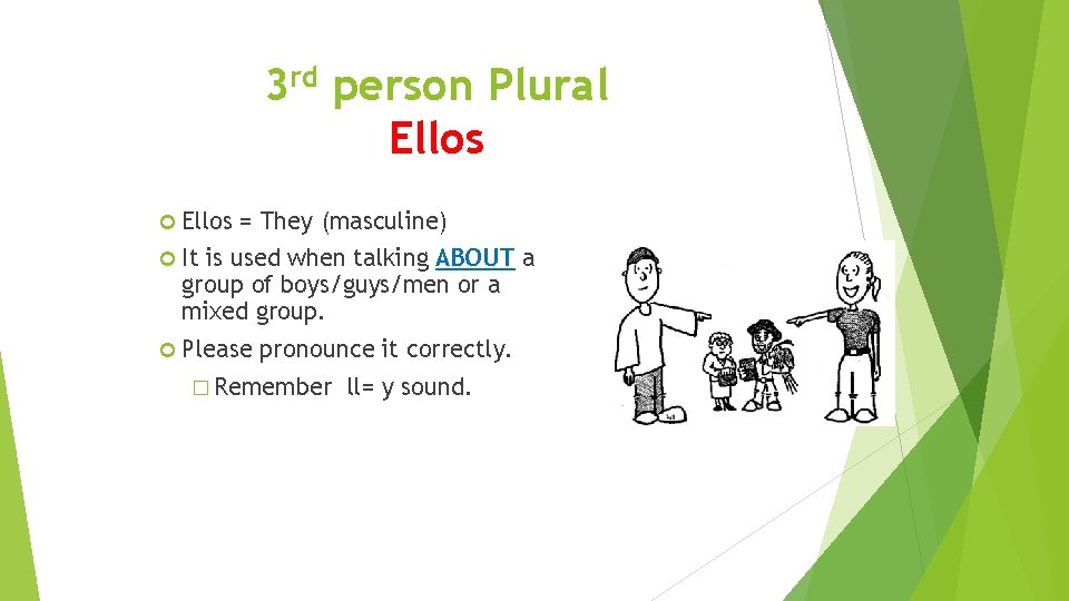 3 rd person Plural Ellos = They (masculine) It is used when talking ABOUT