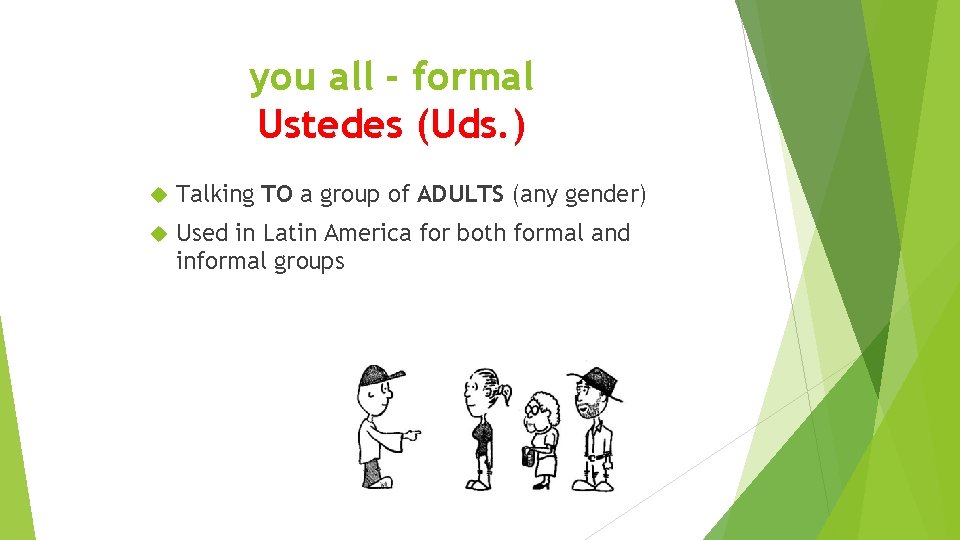 you all - formal Ustedes (Uds. ) Talking TO a group of ADULTS (any