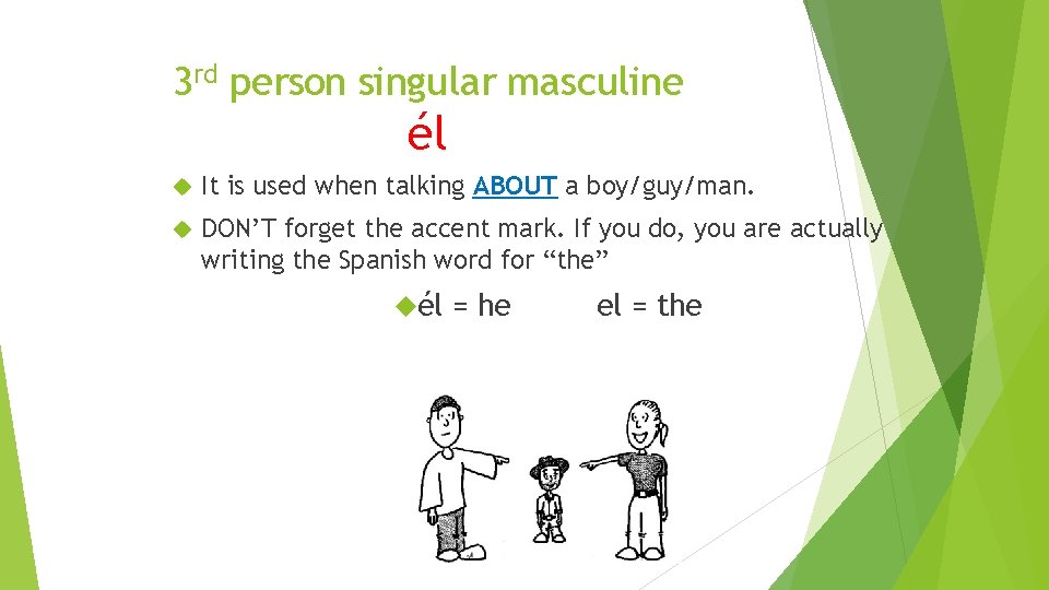 3 rd person singular masculine él It is used when talking ABOUT a boy/guy/man.