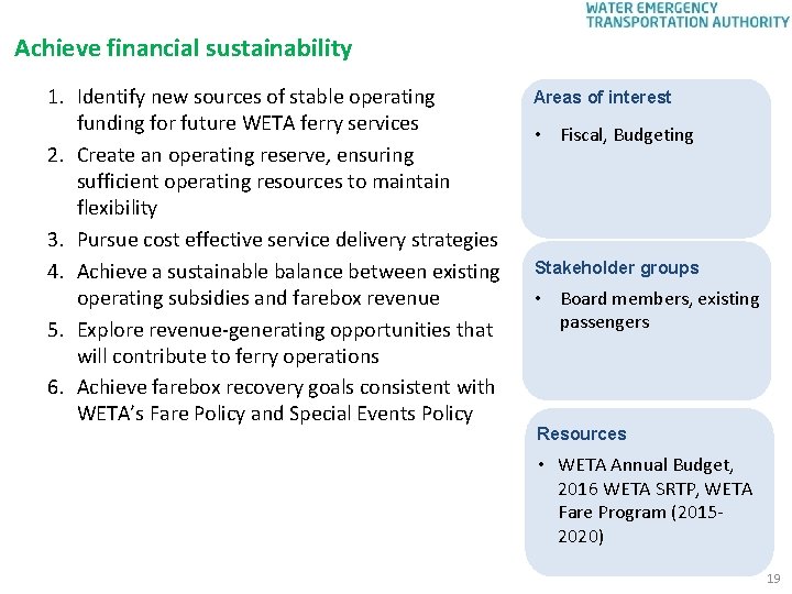 Achieve financial sustainability 1. Identify new sources of stable operating funding for future WETA