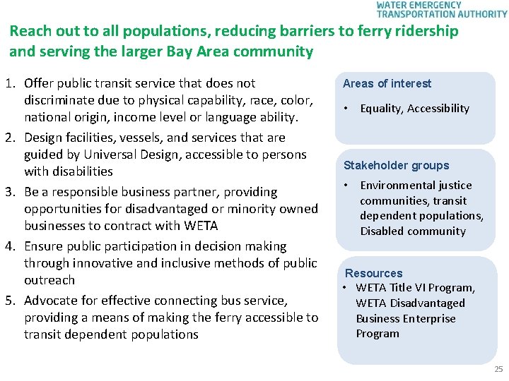 Reach out to all populations, reducing barriers to ferry ridership and serving the larger