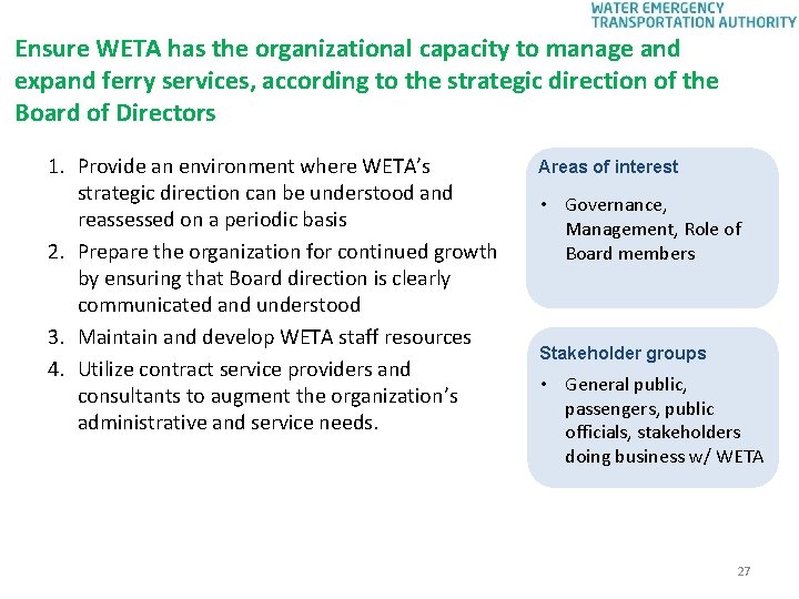 Ensure WETA has the organizational capacity to manage and expand ferry services, according to