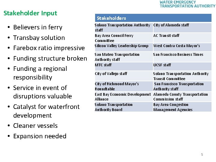 Stakeholder Input • • • Believers in ferry Transbay solution Farebox ratio impressive Funding