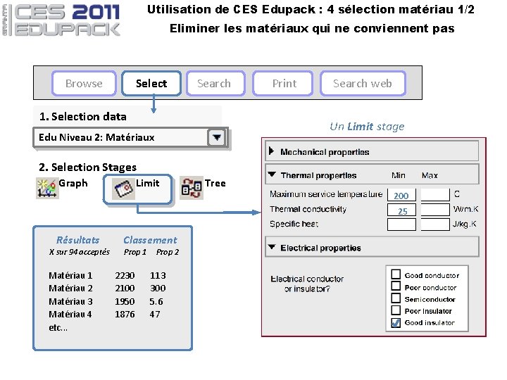 Utilisation de CES Edupack : 4 sélection matériau 1/2 Eliminer les matériaux qui ne