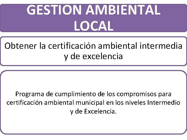 GESTION AMBIENTAL LOCAL Obtener la certificación ambiental intermedia y de excelencia Programa de cumplimiento