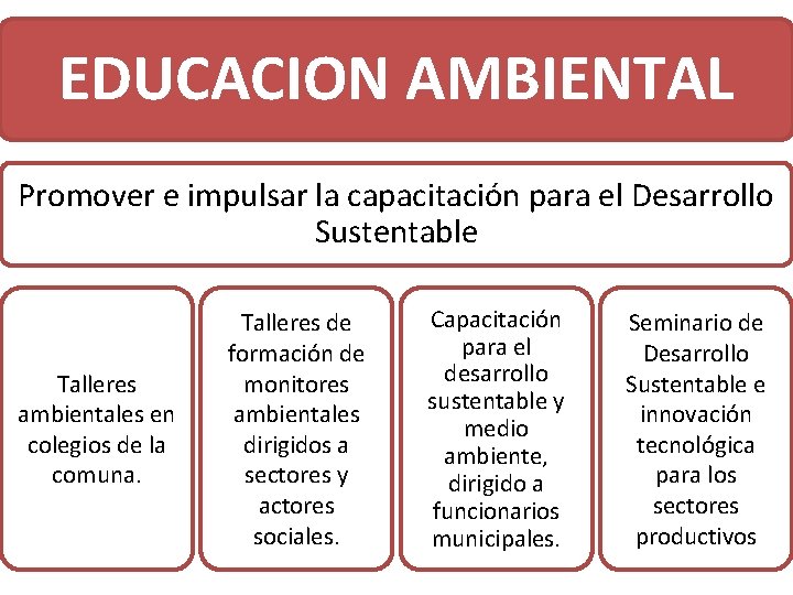 EDUCACION AMBIENTAL Promover e impulsar la capacitación para el Desarrollo Sustentable Talleres ambientales en