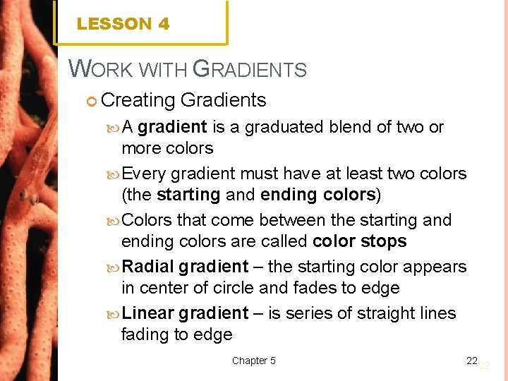 LESSON 4 WORK WITH GRADIENTS Creating Gradients A gradient is a graduated blend of