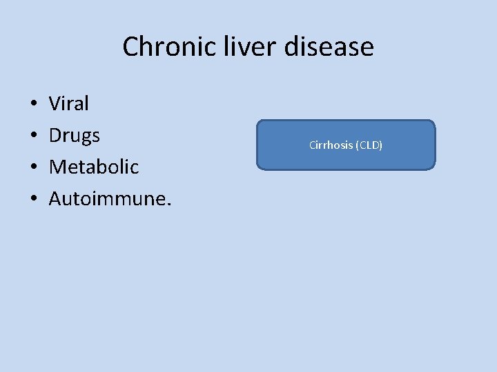 Chronic liver disease • • Viral Drugs Metabolic Autoimmune. Cirrhosis (CLD) 