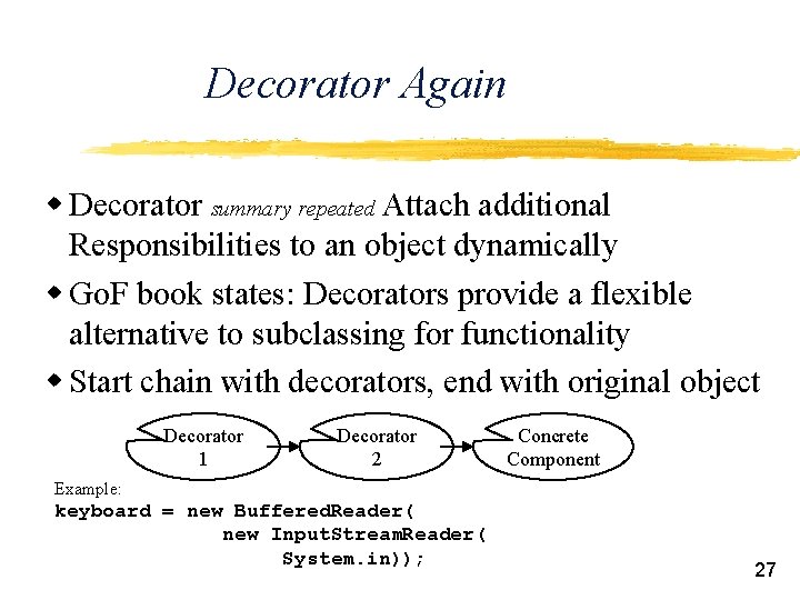 Decorator Again w Decorator summary repeated Attach additional Responsibilities to an object dynamically w