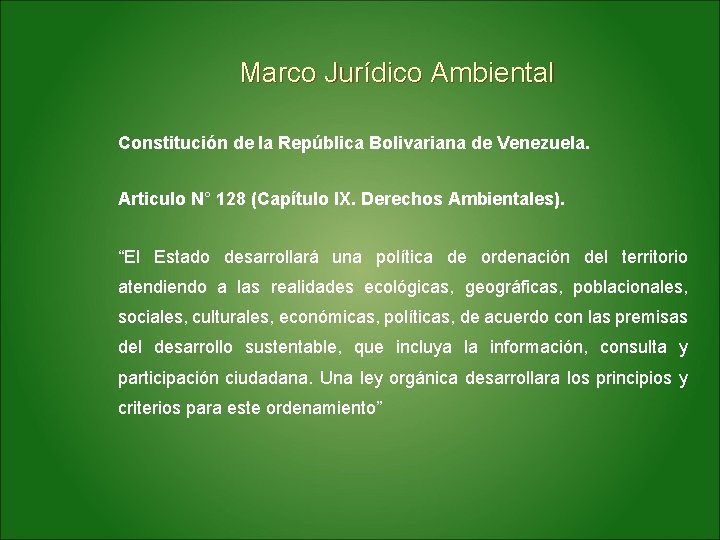 Marco Jurídico Ambiental Constitución de la República Bolivariana de Venezuela. Articulo N° 128 (Capítulo