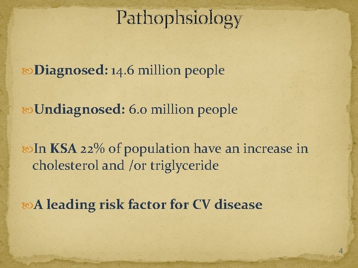 Pathophsiology Diagnosed: 14. 6 million people Undiagnosed: 6. 0 million people In KSA 22%