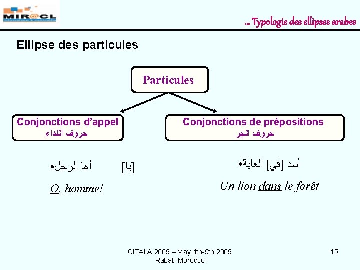 … Typologie des ellipses arabes Ellipse des particules Particules Conjonctions d’appel ﺣﺮﻭﻑ ﺍﻟﻨﺪﺍﺀ •