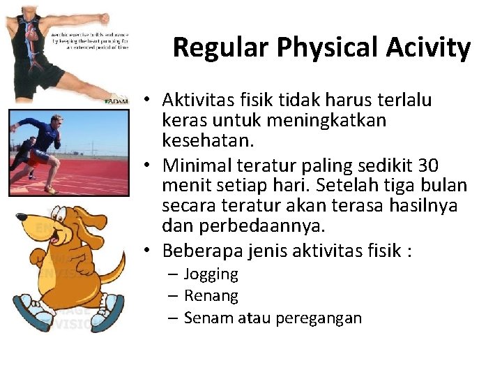 Regular Physical Acivity • Aktivitas fisik tidak harus terlalu keras untuk meningkatkan kesehatan. •