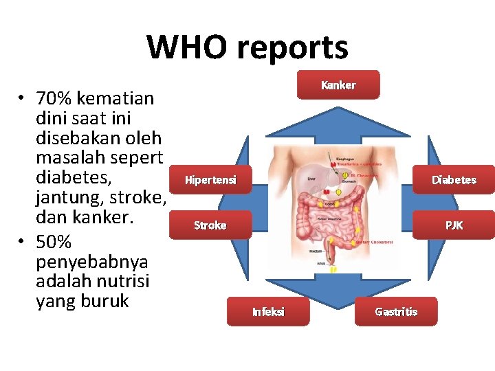 WHO reports • 70% kematian dini saat ini disebakan oleh masalah sepert diabetes, jantung,