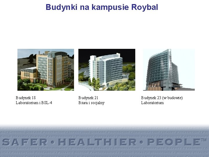 Budynki na kampusie Roybal Budynek 18 Laboratorium i BSL-4 Budynek 21 Biura i socjalny