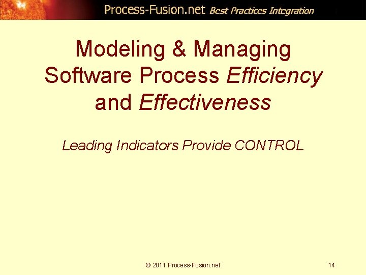 Modeling & Managing Software Process Efficiency and Effectiveness Leading Indicators Provide CONTROL © 2011