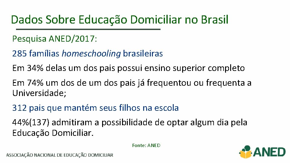 Dados Sobre Educação Domiciliar no Brasil Pesquisa ANED/2017: 285 famílias homeschooling brasileiras Em 34%