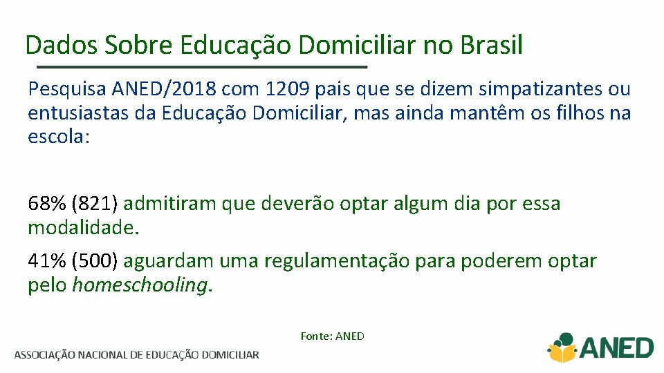 Dados Sobre Educação Domiciliar no Brasil Pesquisa ANED/2018 com 1209 pais que se dizem