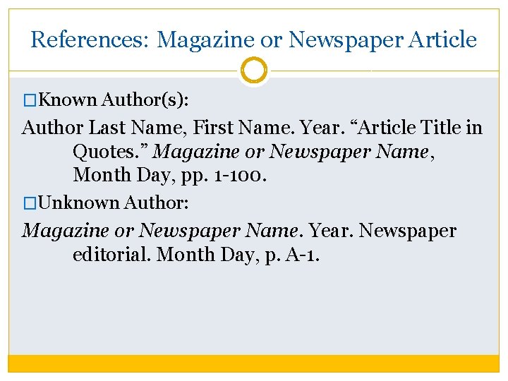 References: Magazine or Newspaper Article �Known Author(s): Author Last Name, First Name. Year. “Article