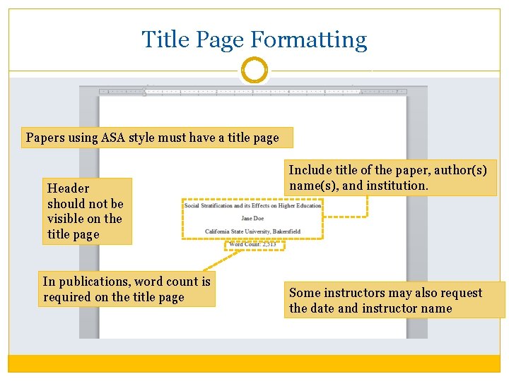 Title Page Formatting Papers using ASA style must have a title page Header should