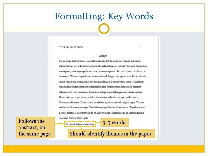 Formatting: Key Words Follows the abstract, on the same page 3 -5 words Should