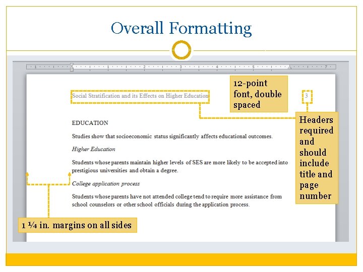 Overall Formatting 12 -point font, double spaced Headers required and should include title and