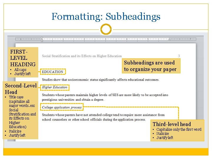 Formatting: Subheadings FIRSTLEVEL HEADING • All caps • Justify left Subheadings are used to