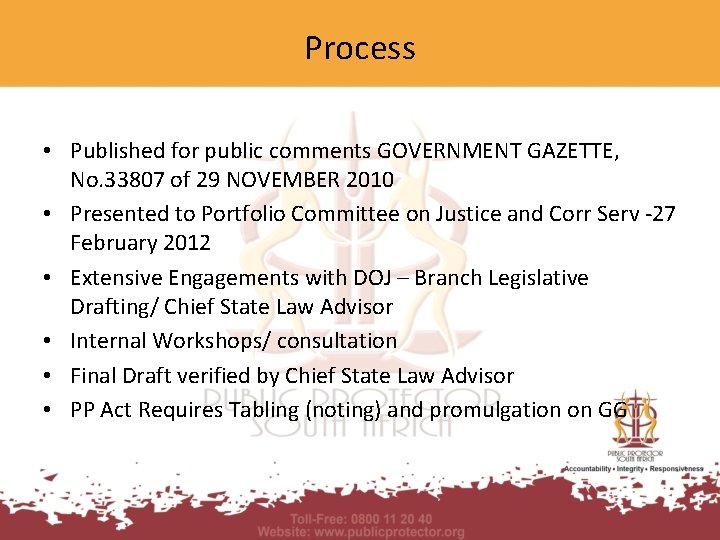 Process • Published for public comments GOVERNMENT GAZETTE, No. 33807 of 29 NOVEMBER 2010