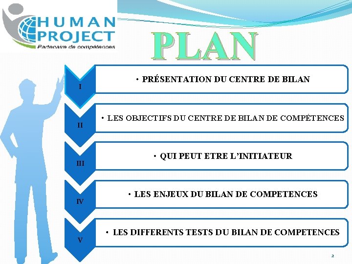 PLAN I II IV V • PRÉSENTATION DU CENTRE DE BILAN • LES OBJECTIFS